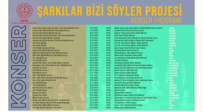 İzmir İl Milli Eğitim Müdürlüğü "Şarkılar Bizi Söyler Projesi" Konserine Tüm İzmirlileri Bekliyor
