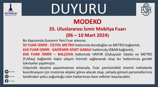 ESHOT'tan fuarlar için ulaşım düzenlemesi